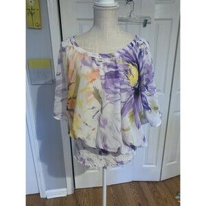 Unique Spectrum White & Purple Floral Elastic Waist Kimono Sleeve Sheer Top sz M